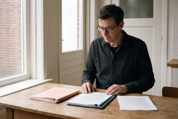 Een man vergelijkt aan een tafel drie sets documenten die naast elkaar liggen