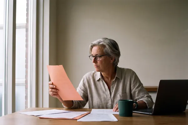 Een vrouw aan een keukentafel bekijkt een uitdraai tegen het licht, met een laptop naast zich