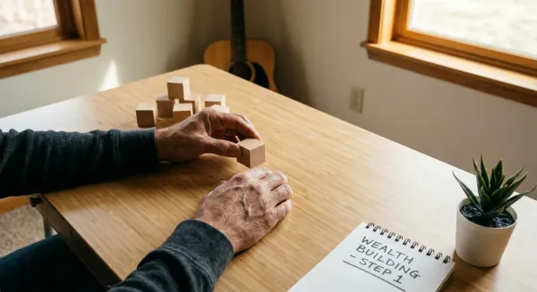 Iemands handen leggen voorzichtig het eerste houten blokje neer voor een stapel, als symbool voor de eerste doordachte stap bij het beginnen met beleggen.