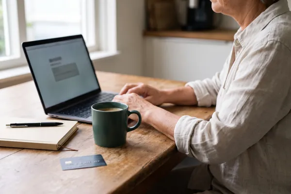Handen aan een keukentafel bij een openstaande laptop met een formulier, een bankpas en een mok koffie