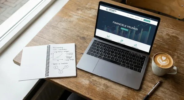 Een overzichtelijke opstelling op een houten bureau met een laptop open op een beleggingscursus, een notitieboek met aantekeningen en een kop koffie, wat de sfeer van thuisstudie uitstraalt.