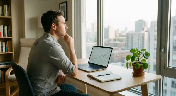 Een zelfstandig ondernemer zit aan een bureau en kijkt peinzend uit het raam naar de toekomst, met een laptop en notities die de planning van het pensioen symboliseren.