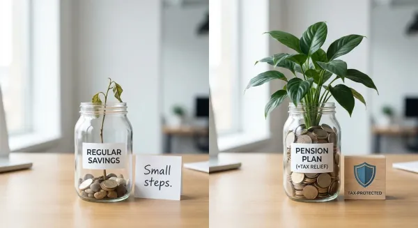 Een visuele vergelijking van twee beleggingsvormen: links een pot met munten en een klein plantje (regulier beleggen in Box 3), rechts een identieke pot met een veel grotere, gezondere plant, symbool voor het belastingvoordeel van pensioenbeleggen.