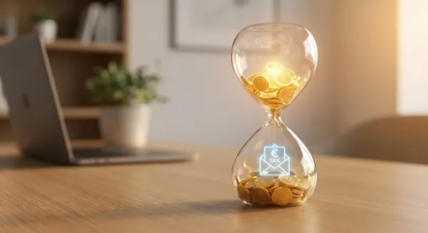 Een glazen zandloper symboliseert de werking van pensioenbeleggen: bovenin groeien gouden munten belastingvrij, onderin wordt de belasting betaald bij de uitkering na pensionering.