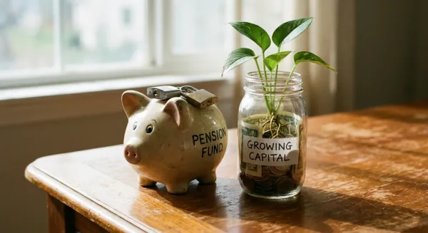 Een visuele vergelijking tussen pensioenbeleggen en vrij beleggen: een gesloten spaarpot met een slot symboliseert het vastgezette vermogen, terwijl een open glazen pot met een groeiend plantje het vrij beschikbare en groeiende kapitaal voorstelt.