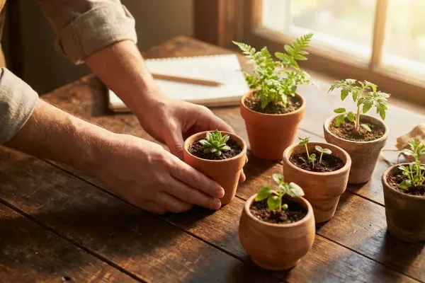 Handen zetten kleine plantenpotjes met jonge planten op een rij op een houten tafel