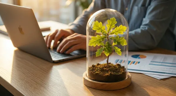 Een jong boompje groeit beschermd onder een glazen stolp op een bureau, als symbool voor de beschutte en veilige groei van pensioenvermogen.