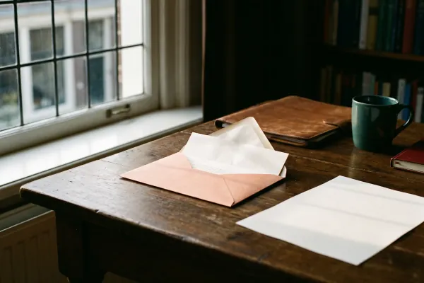 Een halfgeopende envelop met een brief op een donkere houten tafel bij een raam