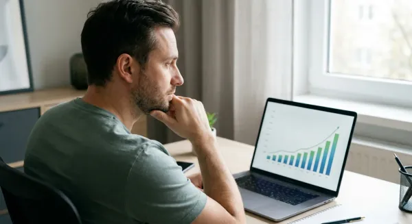 Een man kijkt op zijn laptop naar een financiële grafiek, wat het weloverwogen plannen van zijn pensioen via beleggen symboliseert.